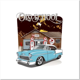 1955 Skyline Blue Chevy Bel Air Old School Posters and Art